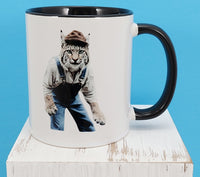 TwoAcreTees.com Albert The Bobcat In Overalls Black Handle Mug