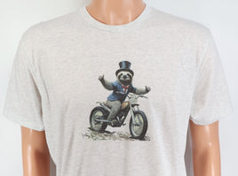 TwoAcreTees.com Alfred The Sloth On A Motorcycle Light Granite T-Shirt