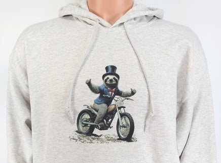 TwoAcreTees.com Alfred The Sloth On A Motorcycle Ash Gray Pullover Hoodie