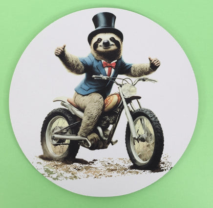 TwoAcreTees.com Alfred The Sloth On A Motorcycle Round Mouse Pad