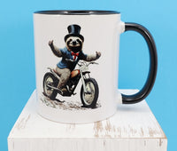 TwoAcreTees.com Alfred The Sloth On A MotorcycleBlack Handle Mug