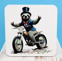 TwoAcreTees.com Alfred The Sloth On A Motorcycle Square Coaster