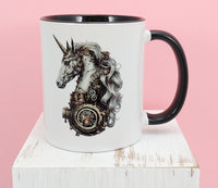 TwoAcreTees.com Astrid The Steampunk Unicorn Black Handle Mug