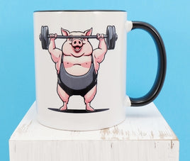 TwoAcreTees.com Augustus The Weightlifting Pig Black Handle Mug