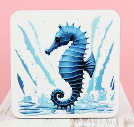 TwoAcreTees.com August The Artsy Blue Seahorse Square Coaster