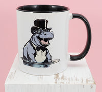 TwoAcreTees.com Bruce The Happy Hippo Black Handle Mug