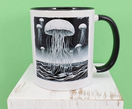 TwoAcreTees.com Black And White Jellyfish Over the Ocean Black Handle Mug