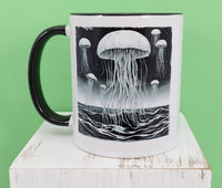 Black And White Jellyfish Over the Ocean Black Handle Mug