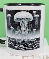 Black And White Jellyfish Over the Ocean Black Handle Mug