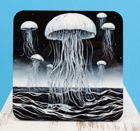 TwoAcreTees.com Black And White Jellyfish Over the Ocean Square Coaster