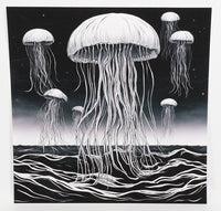 TwoAcreTees.com Black And White Jellyfish Over the Ocean Textured Print