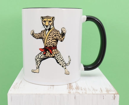 TwoAcreTees.com Clive The Karate Cheetah Black Handle Mug