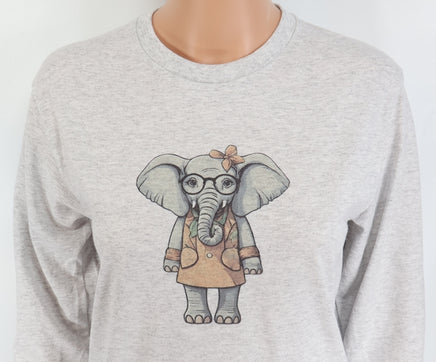 TwoAcreTees.com Delilah The Shy Elephant Ash Gray Long Sleeve