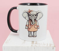 Delilah The Shy Elephant Black Handle Mug