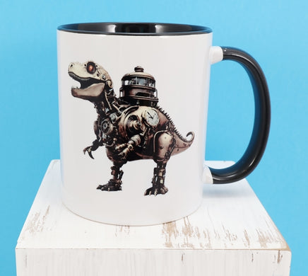 TwoAcreTees.com Emerson The Steampunk T-Rex Black Handle Mug