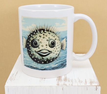 TwoAcreTees.com Inflated Pufferfish Above The Ocean White Mug