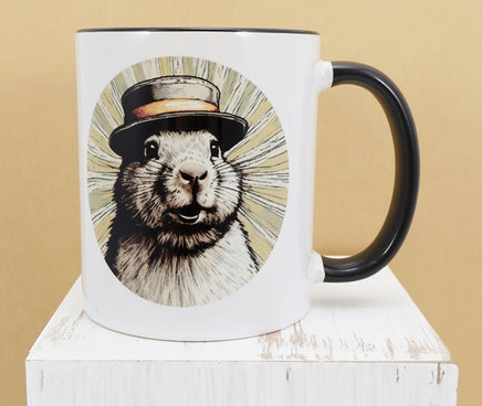 TwoAcreTees.com Felipe The Famous Groundhog Black Handle Mug