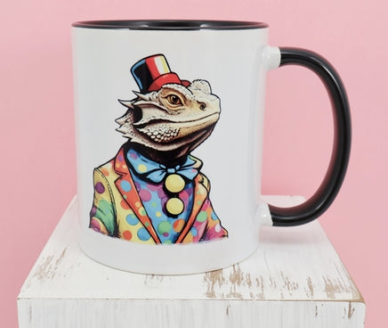 TwoAcreTees.com Fletcher The Clown Bearded Dragon Black Handle Mug