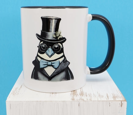 TwoAcreTees.com Franklin The Dashing Penguin Black Handle Mug