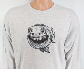 TwoAcreTees.com Freddy The Toothy Fish Ash Gray Long Sleeve Shirt