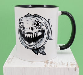 TwoAcreTees.com Freddy The Toothy Fish Black Handle Mug