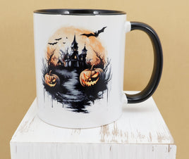 TwoAcreTees.com Haunted House With Jack O Lanterns Black Handle Mug