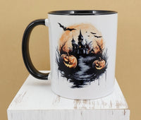 Haunted House With Jack O Lanterns Black Handle Mug