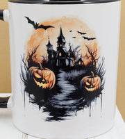 Haunted House With Jack O Lanterns Black Handle Mug