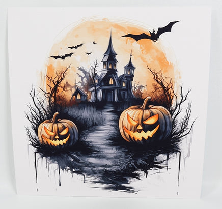 TwoAcreTees.com Haunted House With Jack O Lanterns Textured Print