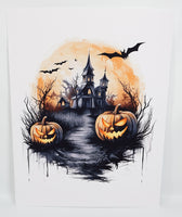 TwoAcreTees.com Haunted House With Jack O Lanterns Textured Print