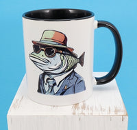 TwoAcreTees.com Hector The Fish Man Secret Agent Black Handle Mug