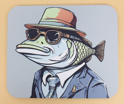 TwoAcreTees.com Hector The Fish Man Secret Agent Mouse Pad