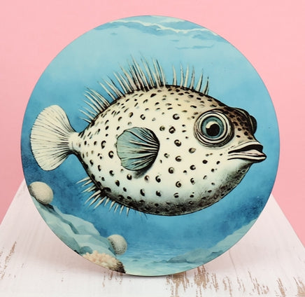 TwoAcreTees.com Herman The Content Pufferfish Logo Round Coaster