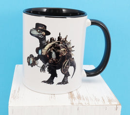 TwoAcreTees.com Ivan The Steampunk Velociraptor Black Handle Mug