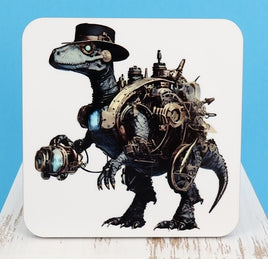 TwoAcreTees.com Ivan The Steampunk Velociraptor Square Coaster