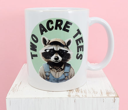 TwoAcreTees.com Jasper The Two Acre Tees Raccoon Logo White Mug