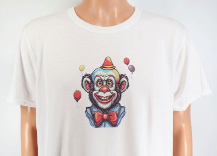 TwoAcreTees.com Lars The Creepy Clown Monkey Crisp White T-Shirt