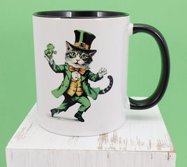 Liam The Dancing Leprechaun Cat Black Handle Mug