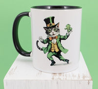 Liam The Dancing Leprechaun Cat Black Handle Mug