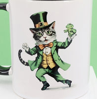 Liam The Dancing Leprechaun Cat Black Handle Mug