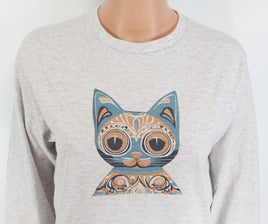 Mexico Style Blue Cat Ash Gray Long Sleeve Shirt