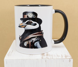 TwoAcreTees.com Newman The Steampunk Penguin Black Handle Mug