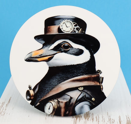 TwoAcreTees.com Newman The Steampunk Penguin Round Coaster