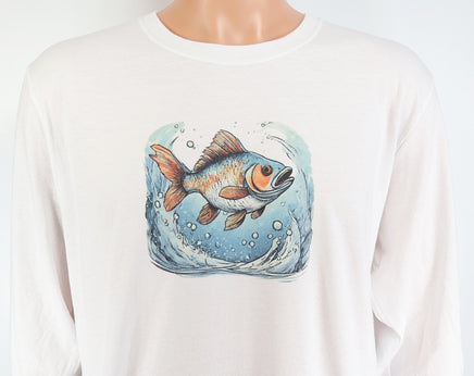 TwoAcreTees.com Orange & Blue Fish Crisp White Long Sleeve Shirt