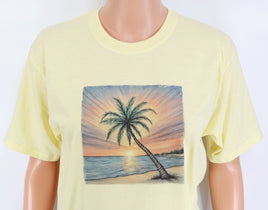 TwoAcreTees.com Palm Tree With A Colorful Sunset Pastel Lemon T-Shirt