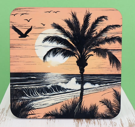 TwoAcreTees.com Palm Tree By Ocean At Dusk Silhoutte Square Coaster