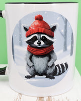 Percy The Cozy Raccoon Black Handle Mug