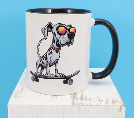 TwoAcreTees.com Quincy The Skateboarding Dalmation Black Handle Mug