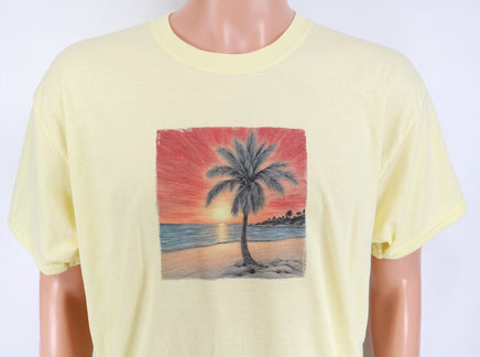 TwoAcreTees.com Palm Tree With A Red Sunset Pastel Lemon T-Shirt