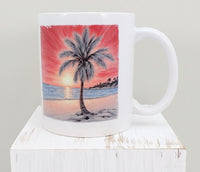 TwoAcreTees.com Palm Tree With A Red Sunset White Mug